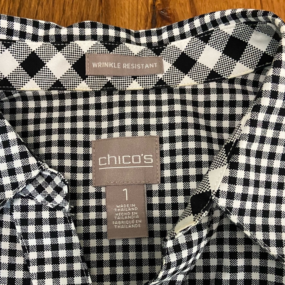 Chico’s Wrinkle Resistant 100% Cotton Fun Black and White Checked Top, Sz Medium - Picture 2 of 11